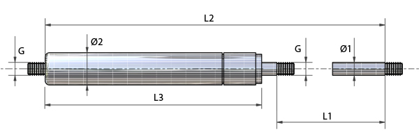 Rysunek techniczny - Sprężyny gazowe dopuszczone do kontaktu z żywnością (FDA) wykonane ze stali nierdzewnej 316